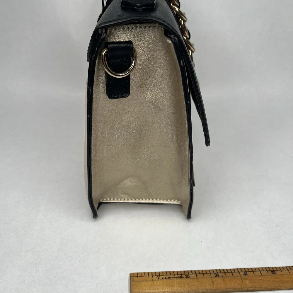 Aldo Handbag Black Brown Cream Purse Satchel Crossbody Gold Accents Trendy Scarf
